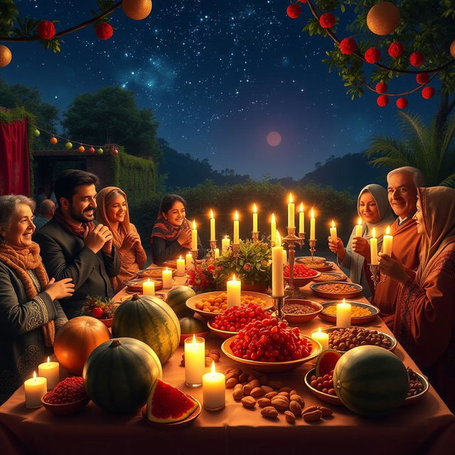 A vibrant and festive Yalda Night celebration, featuring a beautifully arranged table full of traditional items like pomegranates, watermelons, nuts, and fruits