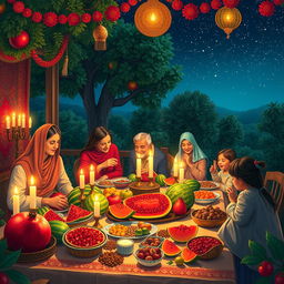 A vibrant and festive Yalda Night celebration, featuring a beautifully arranged table full of traditional items like pomegranates, watermelons, nuts, and fruits