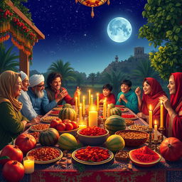 A vibrant and festive Yalda Night celebration, featuring a beautifully arranged table full of traditional items like pomegranates, watermelons, nuts, and fruits