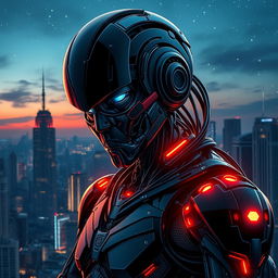 A striking black cyborg with a sleek metallic design, featuring intricate mechanical components and glowing neon accents