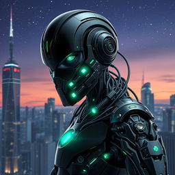 A striking black cyborg with a sleek metallic design, featuring intricate mechanical components and glowing neon accents