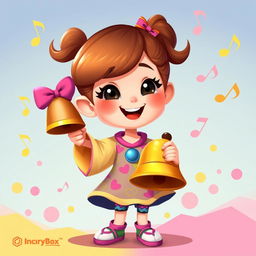 A delightful 2D illustration of a girl holding a bell in one hand and striking it with a joyful expression, inspired by the playful art style of the game IncredyBox