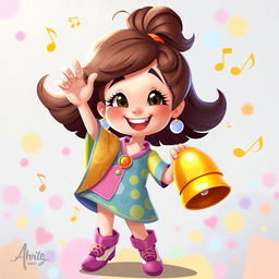 A delightful 2D illustration of a girl holding a bell in one hand and striking it with a joyful expression, inspired by the playful art style of the game IncredyBox