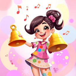 A delightful 2D illustration of a girl holding a bell in one hand and striking it with a joyful expression, inspired by the playful art style of the game IncredyBox
