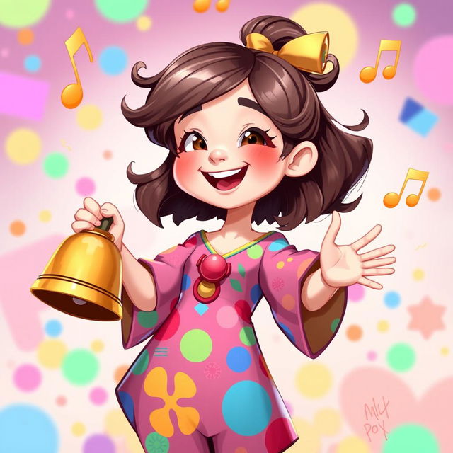 A delightful 2D illustration of a girl holding a bell in one hand and striking it with a joyful expression, inspired by the playful art style of the game IncredyBox