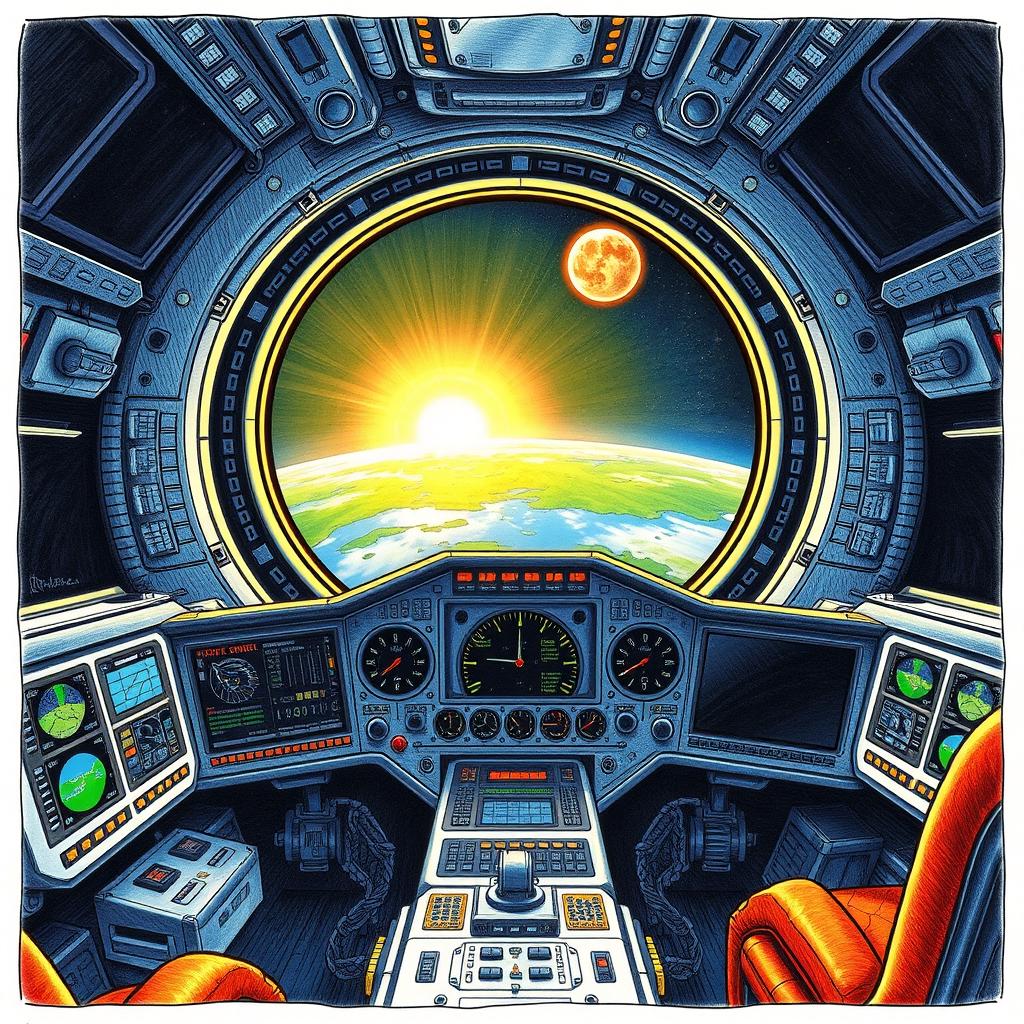 A detailed drawing of the main bridge of a space shuttle, featuring a futuristic control panel filled with high-tech instrumentation