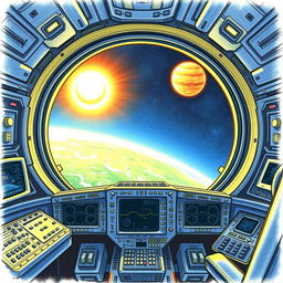 A detailed drawing of the main bridge of a space shuttle, featuring a futuristic control panel filled with high-tech instrumentation