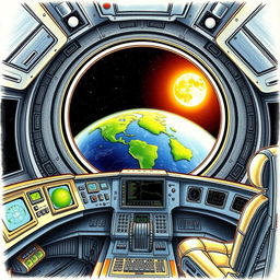 A detailed drawing of the main bridge of a space shuttle, featuring a futuristic control panel filled with high-tech instrumentation