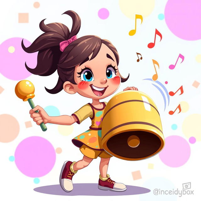 A vibrant 2D illustration of a girl joyfully holding a bell in one hand and striking it with a beater, inspired by the playful art style of the game IncredyBox