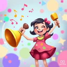 A vibrant 2D illustration of a girl joyfully holding a bell in one hand and striking it with a beater, inspired by the playful art style of the game IncredyBox