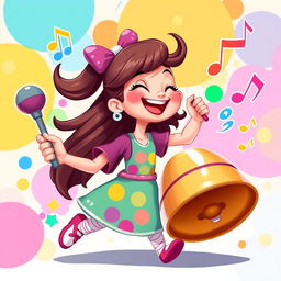 A vibrant 2D illustration of a girl joyfully holding a bell in one hand and striking it with a beater, inspired by the playful art style of the game IncredyBox