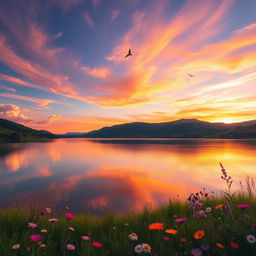 A beautiful and serene landscape depicting a tranquil lake surrounded by lush greenery, rolling hills, and a vibrant sunset sky
