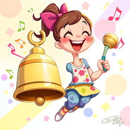 A vibrant 2D illustration of a girl joyfully holding a bell in one hand and striking it with a beater, inspired by the playful art style of the game IncredyBox