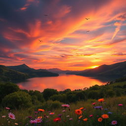 A beautiful and serene landscape depicting a tranquil lake surrounded by lush greenery, rolling hills, and a vibrant sunset sky