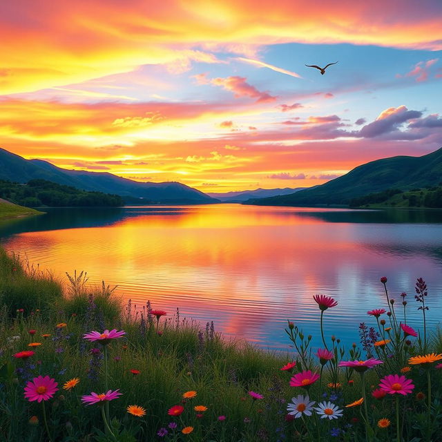 A beautiful and serene landscape depicting a tranquil lake surrounded by lush greenery, rolling hills, and a vibrant sunset sky