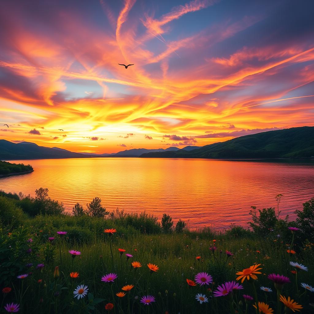 A beautiful and serene landscape depicting a tranquil lake surrounded by lush greenery, rolling hills, and a vibrant sunset sky