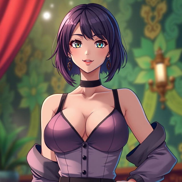 A stunningly beautiful and confident anime mother character, with large breasts and a sexy, appealing design