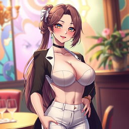 A stunningly beautiful and confident anime mother character, with large breasts and a sexy, appealing design