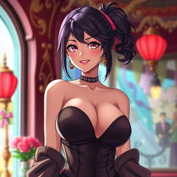 A stunningly beautiful and confident anime mother character, with large breasts and a sexy, appealing design