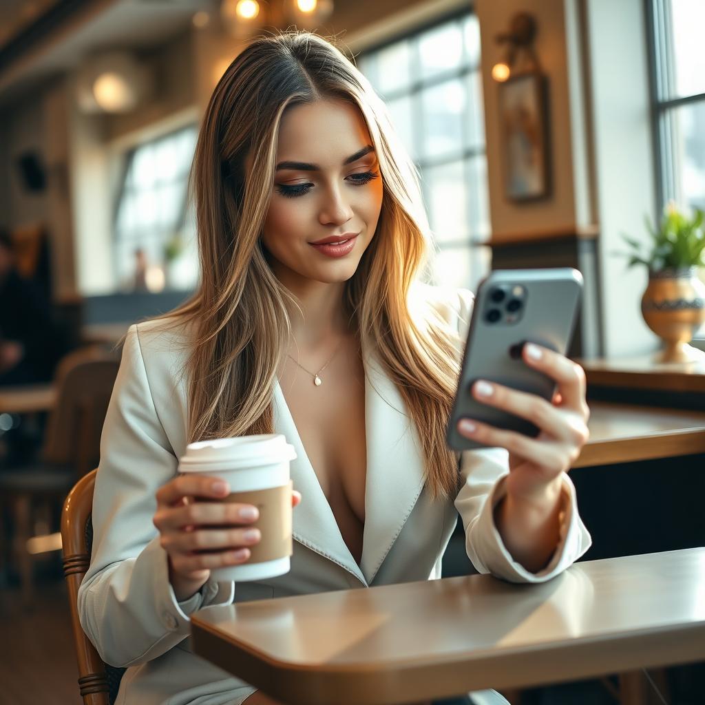 A beautiful young woman with long flowing hair, wearing a stylish outfit, sitting in a modern cafe