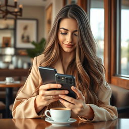 A beautiful young woman with long flowing hair, wearing a stylish outfit, sitting in a modern cafe