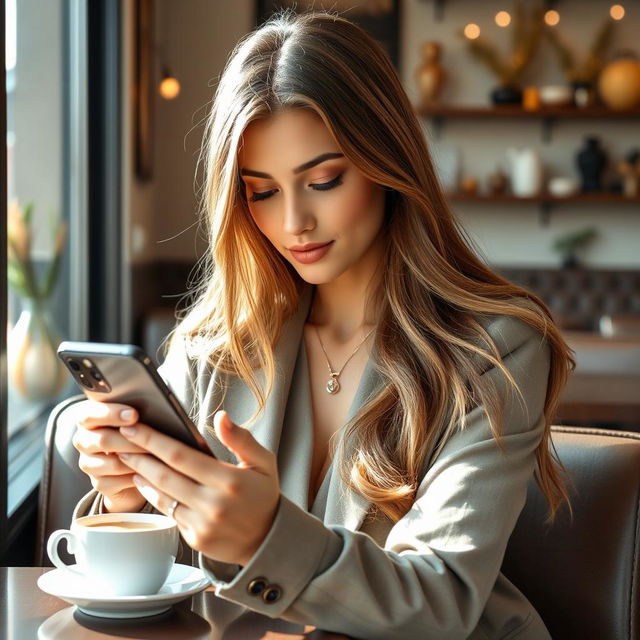 A beautiful young woman with long flowing hair, wearing a stylish outfit, sitting in a modern cafe