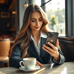 A beautiful young woman with long flowing hair, wearing a stylish outfit, sitting in a modern cafe