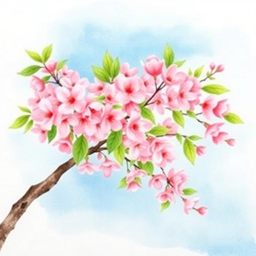 A beautiful watercolor painting of a cherry blossom tree in full bloom, featuring delicate pink flowers and lush green leaves