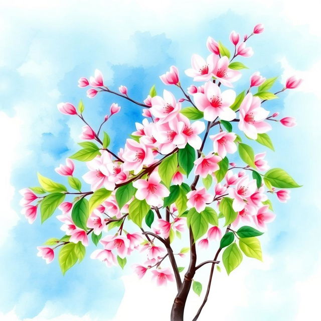 A beautiful watercolor painting of a cherry blossom tree in full bloom, featuring delicate pink flowers and lush green leaves