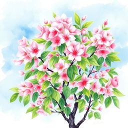A beautiful watercolor painting of a cherry blossom tree in full bloom, featuring delicate pink flowers and lush green leaves