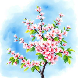 A beautiful watercolor painting of a cherry blossom tree in full bloom, featuring delicate pink flowers and lush green leaves