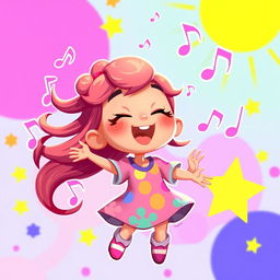 A charming 2D illustration of a girl singing joyfully, inspired by the playful art style of the game IncredyBox