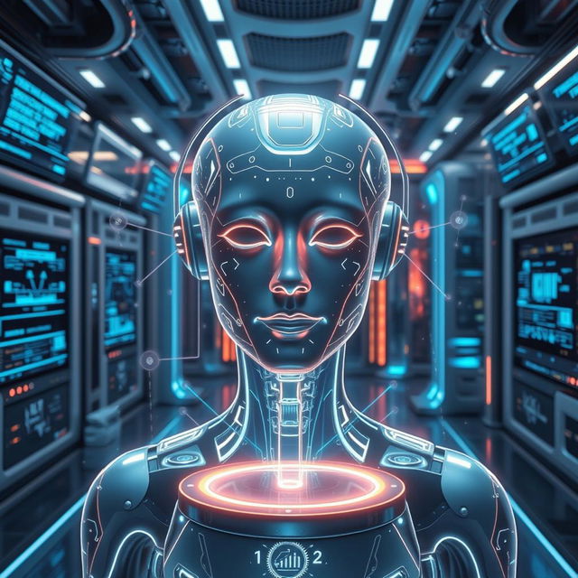 A highly advanced AI in a futuristic setting, taking the form of a glowing holographic figure surrounded by digital data streams and virtual interfaces