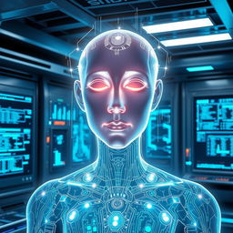 A highly advanced AI in a futuristic setting, taking the form of a glowing holographic figure surrounded by digital data streams and virtual interfaces
