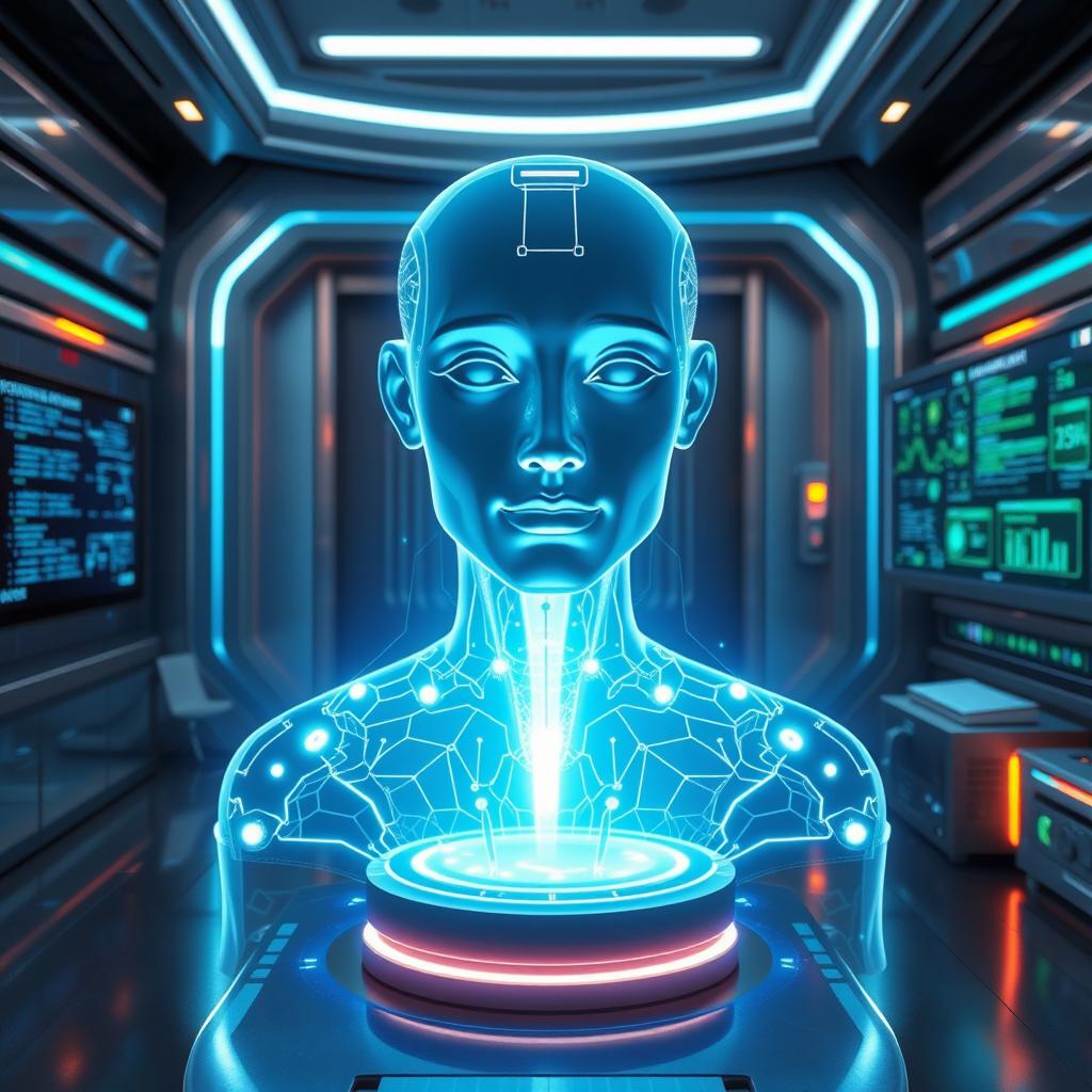 A highly advanced AI in a futuristic setting, taking the form of a glowing holographic figure surrounded by digital data streams and virtual interfaces