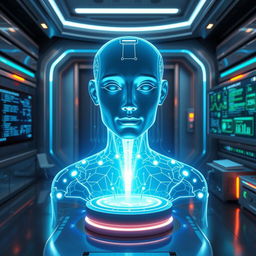 A highly advanced AI in a futuristic setting, taking the form of a glowing holographic figure surrounded by digital data streams and virtual interfaces