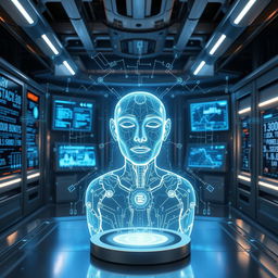 A highly advanced AI in a futuristic setting, taking the form of a glowing holographic figure surrounded by digital data streams and virtual interfaces