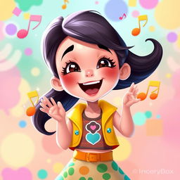 A vibrant 2D illustration of a young girl singing joyfully, inspired by the playful and colorful art style of the game IncredyBox