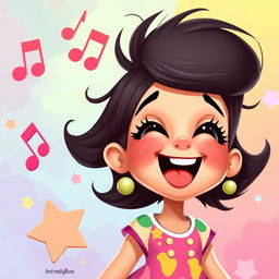 A vibrant 2D illustration of a young girl singing joyfully, inspired by the playful and colorful art style of the game IncredyBox