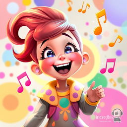 A vibrant 2D illustration of a young girl singing joyfully, inspired by the playful and colorful art style of the game IncredyBox