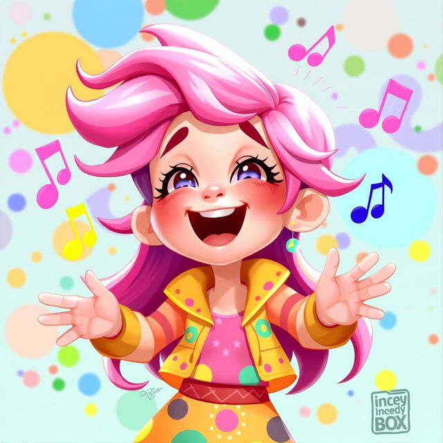 A vibrant 2D illustration of a young girl singing joyfully, inspired by the playful and colorful art style of the game IncredyBox