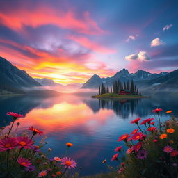 A stunning AI-generated digital artwork of a serene landscape featuring a tranquil lake surrounded by majestic mountains