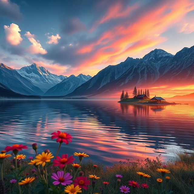 A stunning AI-generated digital artwork of a serene landscape featuring a tranquil lake surrounded by majestic mountains