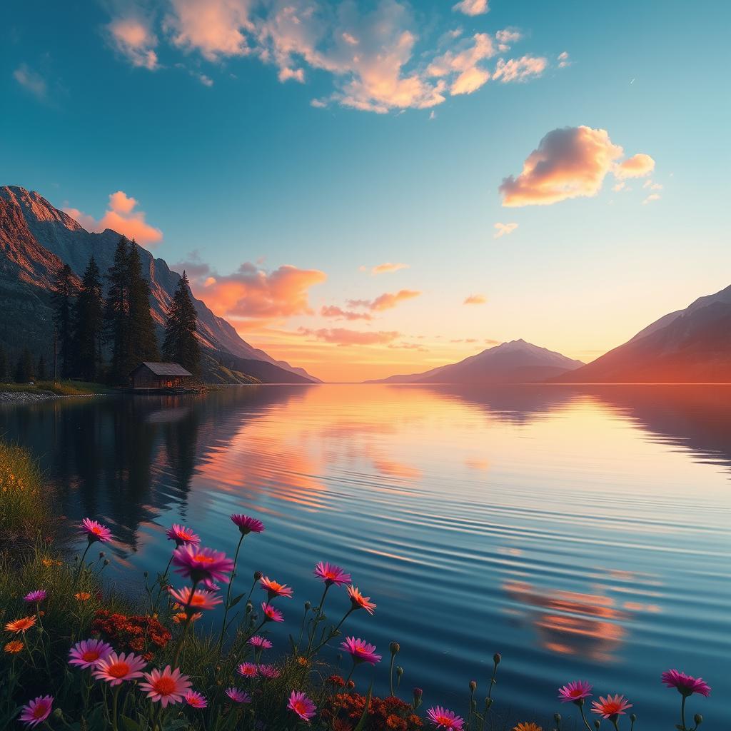 A stunning AI-generated digital artwork of a serene landscape featuring a tranquil lake surrounded by majestic mountains