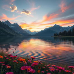 A stunning AI-generated digital artwork of a serene landscape featuring a tranquil lake surrounded by majestic mountains