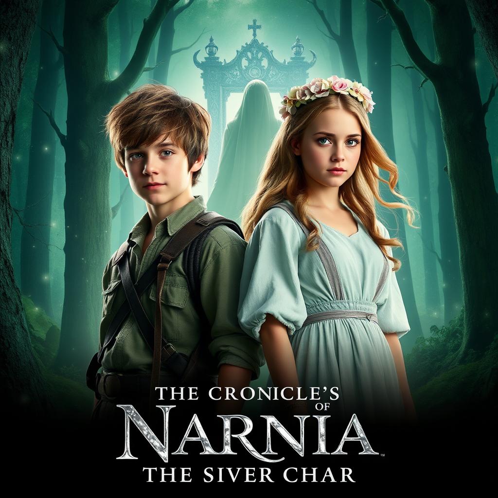 A cinematic poster for 'The Chronicles of Narnia: The Silver Chair' (2026), featuring key characters Eustace Scrubb and Jill Pole standing in a mystical, enchanted forest