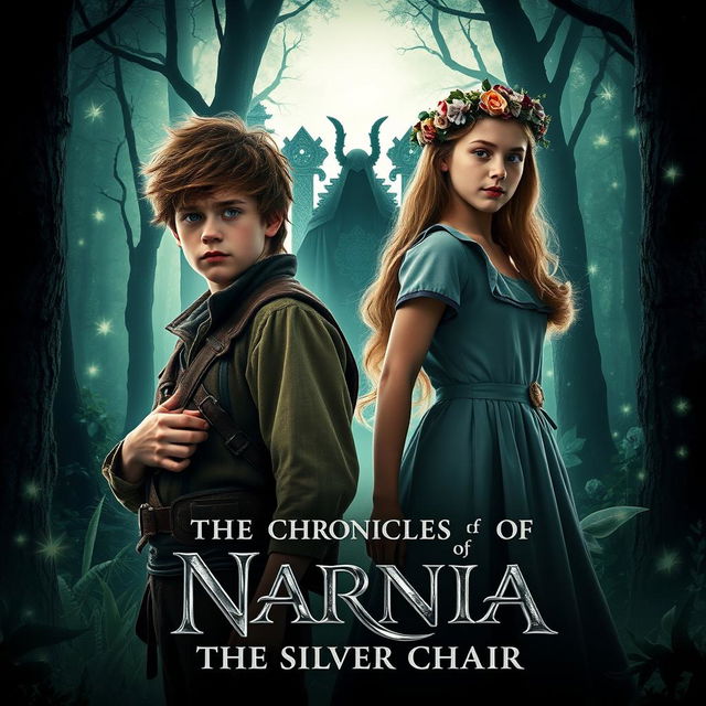 A cinematic poster for 'The Chronicles of Narnia: The Silver Chair' (2026), featuring key characters Eustace Scrubb and Jill Pole standing in a mystical, enchanted forest