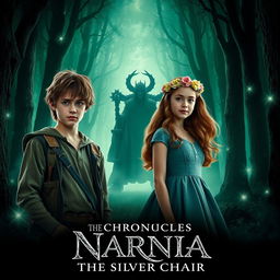 A cinematic poster for 'The Chronicles of Narnia: The Silver Chair' (2026), featuring key characters Eustace Scrubb and Jill Pole standing in a mystical, enchanted forest