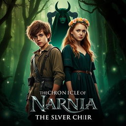 A cinematic poster for 'The Chronicles of Narnia: The Silver Chair' (2026), featuring key characters Eustace Scrubb and Jill Pole standing in a mystical, enchanted forest