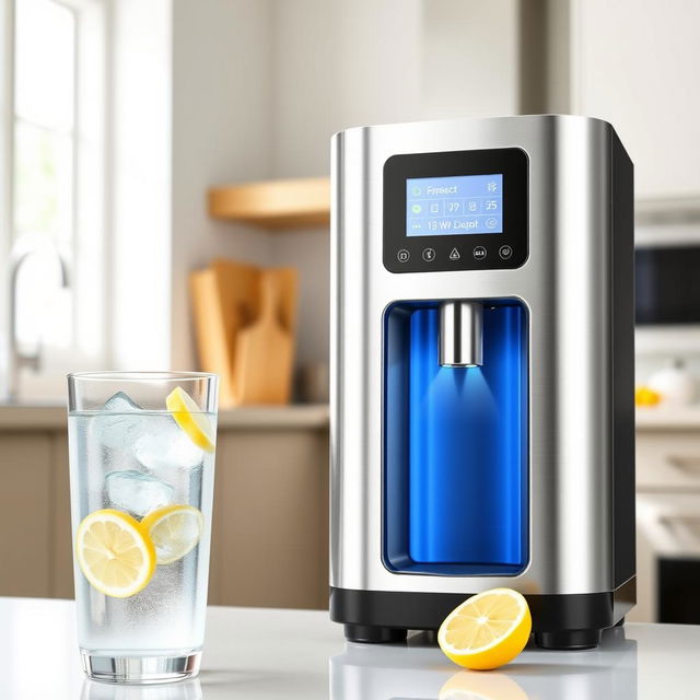 A sleek and modern alkaline water ionizer device, showcasing its high-tech features and elegant design
